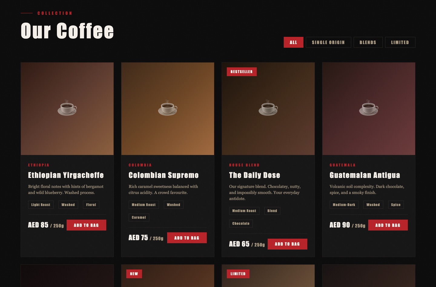 Antidote Coffee Roasters — Our Coffee shop grid with product cards