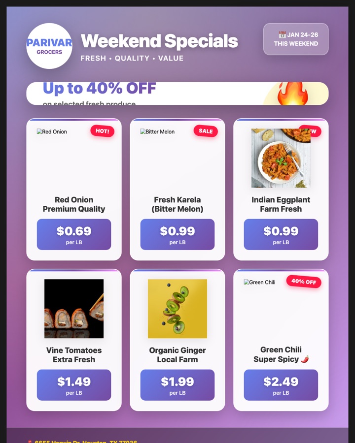Parivar Grocers weekly price poster
