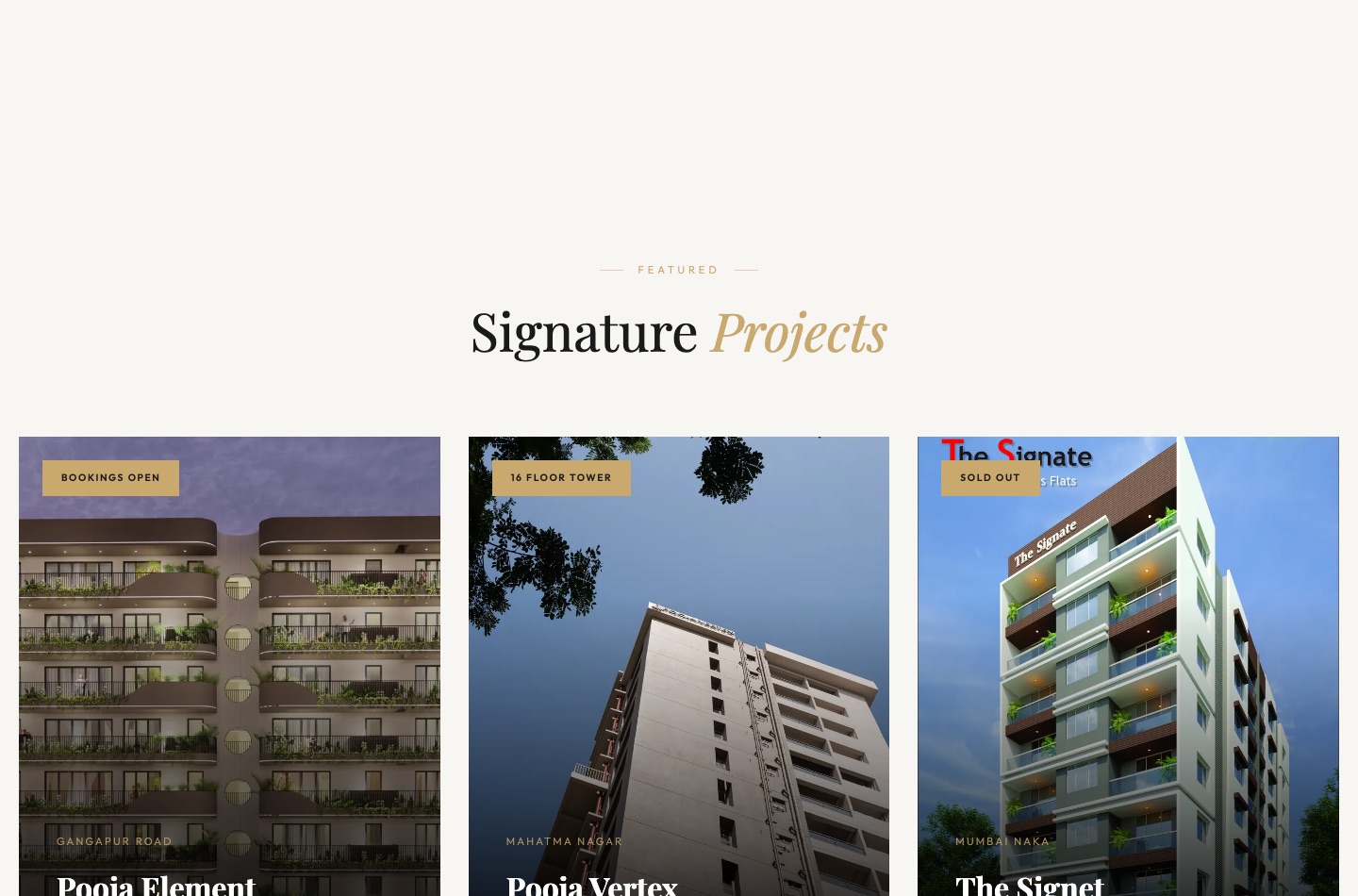 Pooja Constructions — Signature Projects section with three tower cards